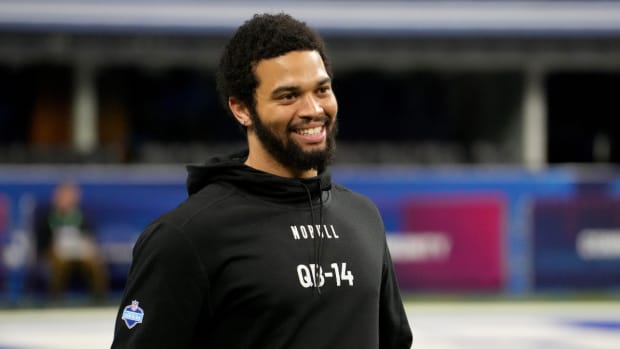 Mar 2, 2024; Indianapolis, IN, USA; Southern California quarterback Caleb Williams (QB14) during the 2024 NFL Combine at Lucas Oil Stadium.
